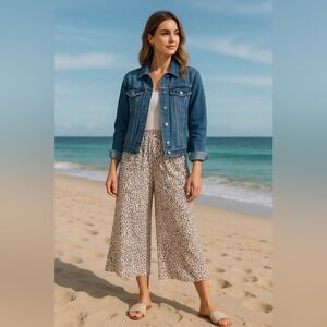 Petal & Pup Leopard Print Wide Leg Cropped Pants M Coastal Boho Chic Sz M